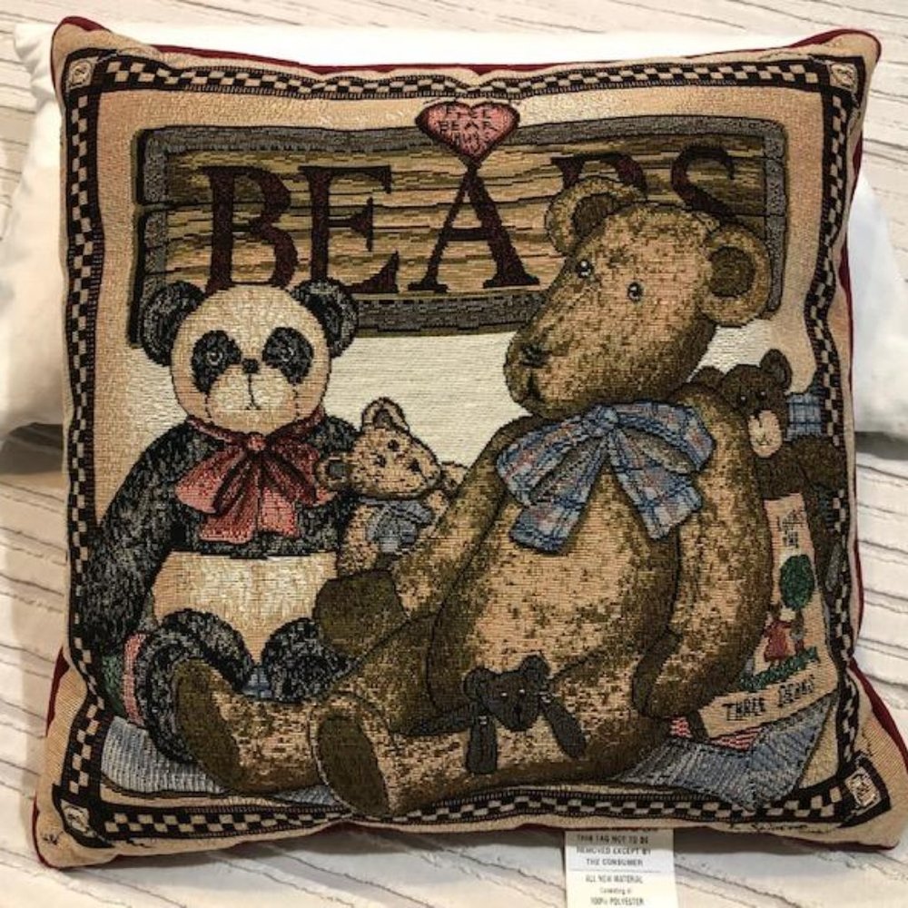 🔴 New - Vintage - BEARS couch/chair/bed Woven Tapestry Pillow - "Free Bear Hugs